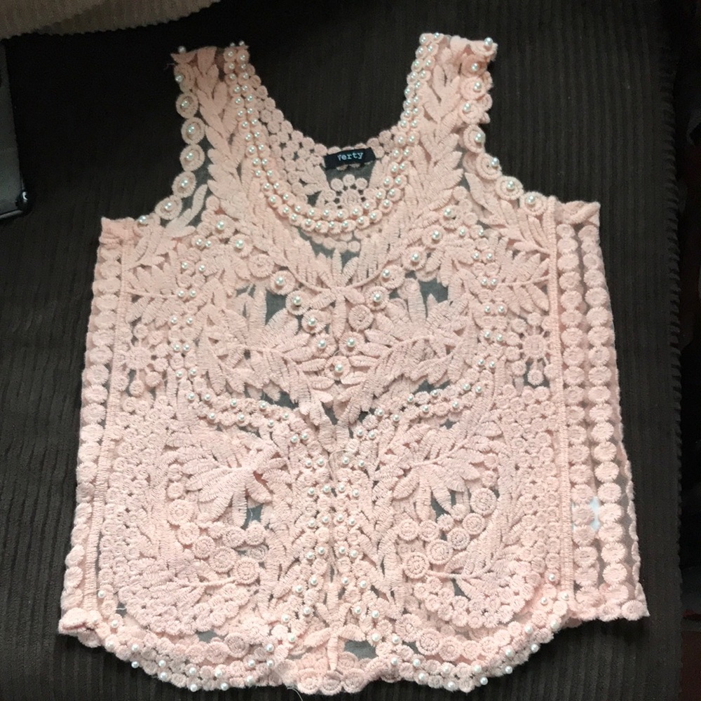 Floral salmon crocheted top with white faux pearls